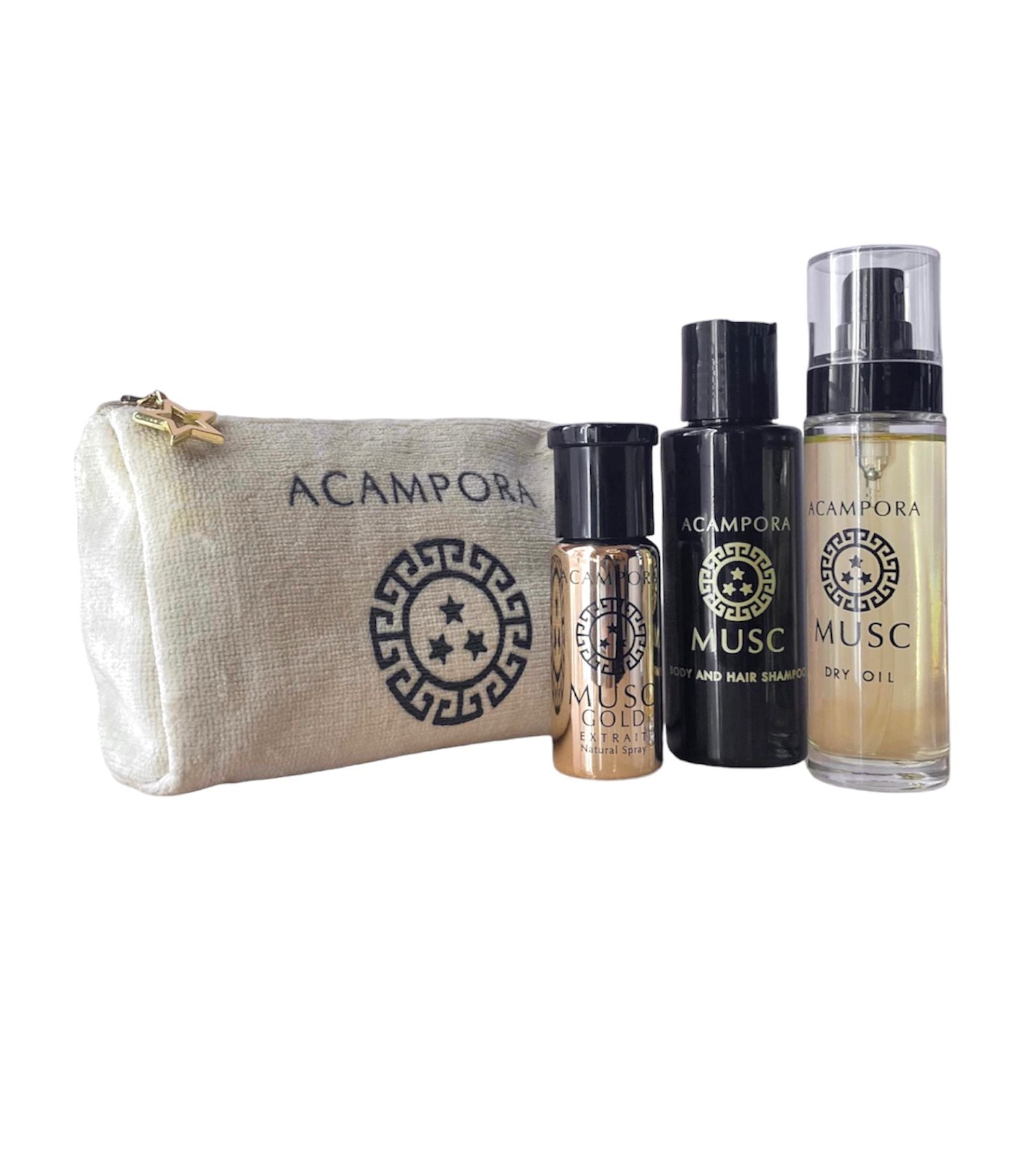 Borsello velluto Travel Kit Musc Dry Oil + Body&Hair Shampoo + Musc Gold Extrait